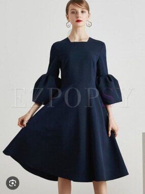 NEW Navy MISSLOOK STYLEWE 3/4 Flare Bell Sleeve Midi Dress 8 NWT